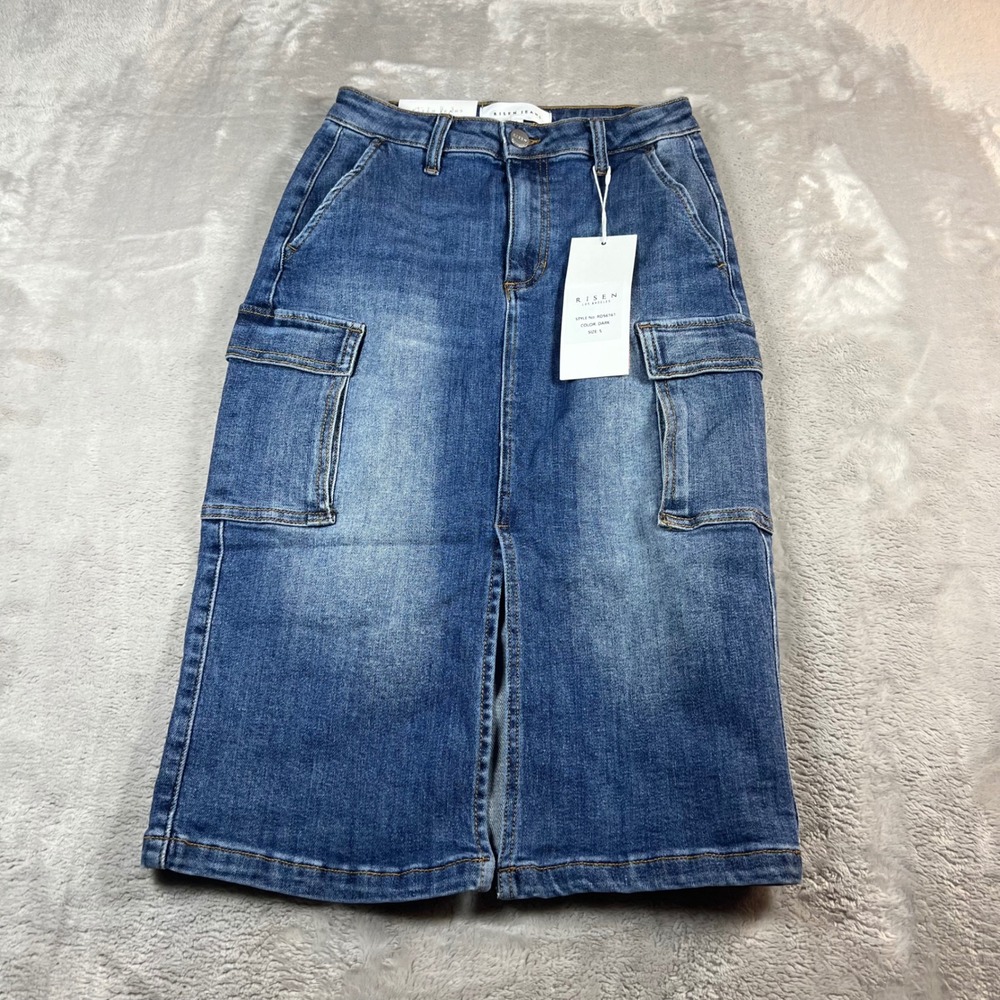 NWT Risen Jeans Women's S Denim Cargo Midi Skirt Dark Wash RDS6161 Stretch Slit